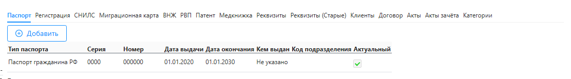 Карточка исполнителя: вкладка «Паспорт» с датой окончания, сверху ряд вкладок документов