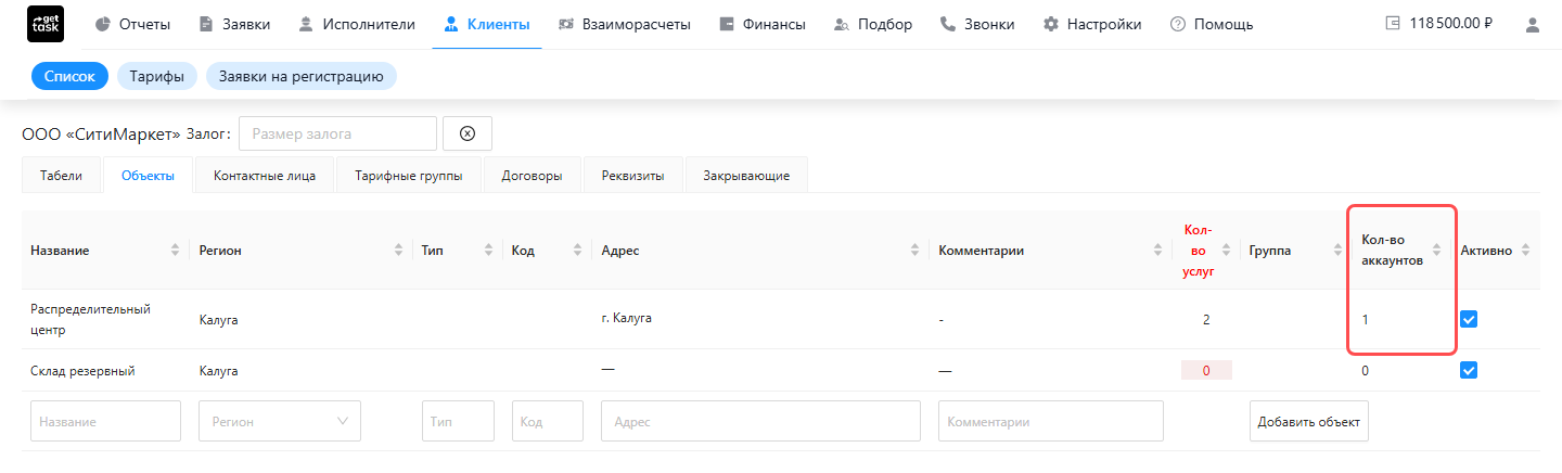 Вкладка «Объекты»: подсвечена колонка «Кол-во аккаунтов»; у объекта «Распределительный центр» стоит 1