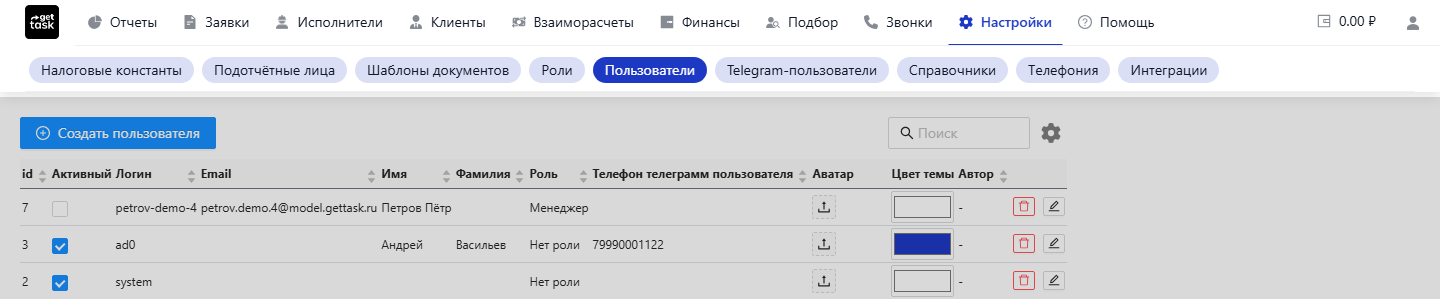 Список пользователей с колонками «Аватар» и «Цвет темы»; в шапке меню активный раздел подсвечен выбранным цветом