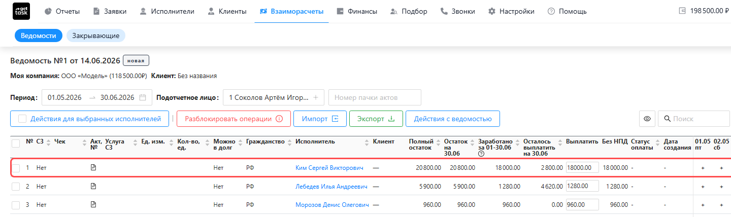 Ведомость №1 со списком исполнителей; строка Ким Сергей Викторовича подсвечена — его выход уже занесён в эту ведомость