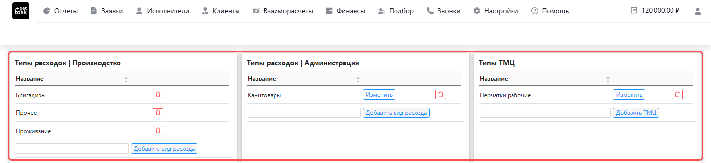 Страница Настройки → Справочники: красной рамкой выделены три верхних каталога статей затрат — «Типы расходов | Производство», «Типы расходов | Администрация» и «Типы ТМЦ»